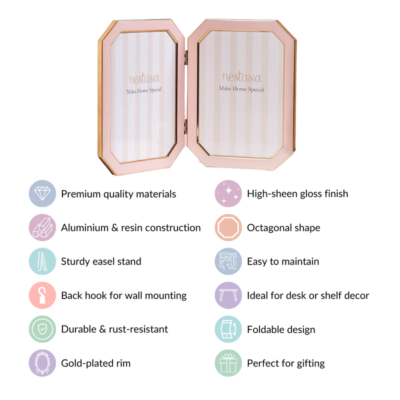 Foldable Double Photo Frame Powder Pink 11"x5.5" - Foldable Photo Frame, Pink Photo Frame, Compact Double Frame, Decorative Pink Frame