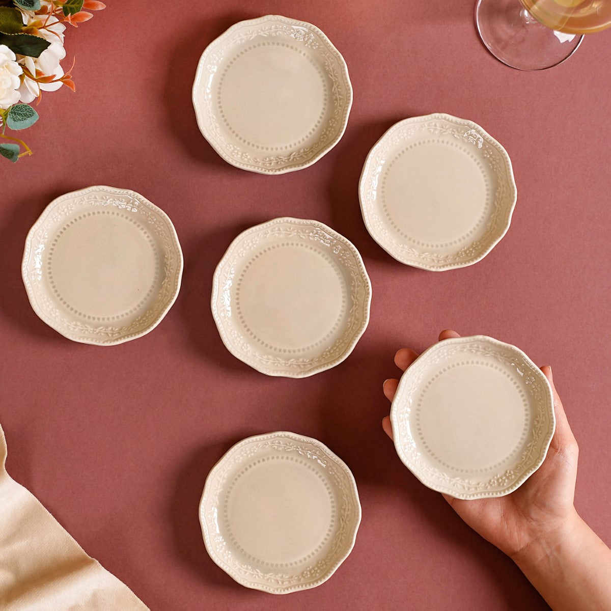 Era Embossed Small Dessert Plate Set Of Beige Online