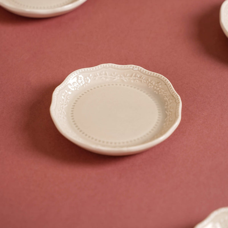 Era Embossed Small Dessert Plate Set Of 6 Beige 4.5" - Dessert plates, small plates, ceramic dessert plates, dessert plate set, dip bowls