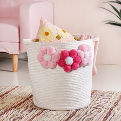 Big White Basket With Pink Flowers