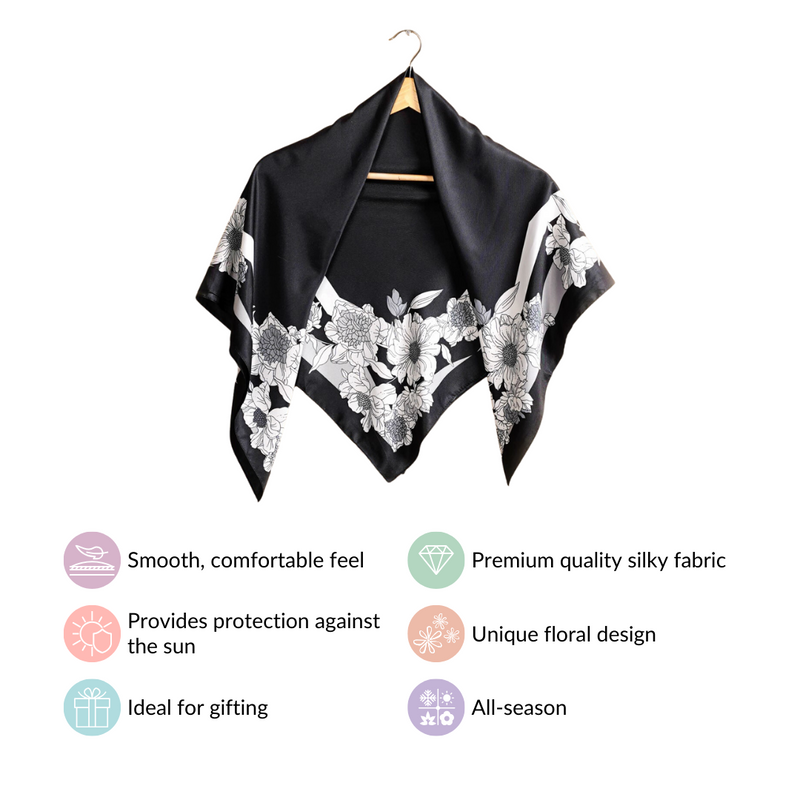 Black And White Border Pattern Floral Square Scarf