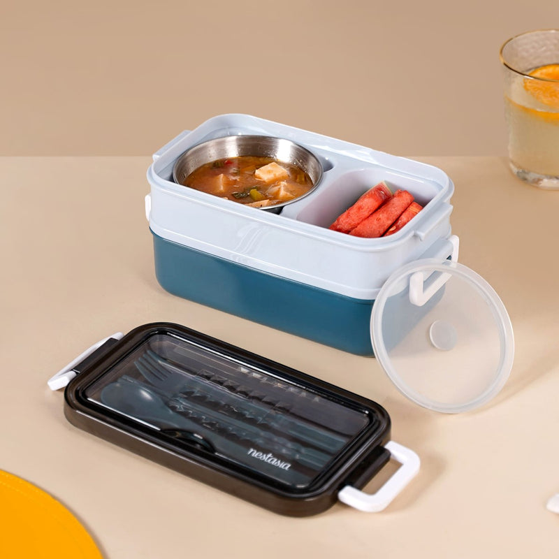 Stackable Insulated Lunch Box With Cutlery Blue 1050ml