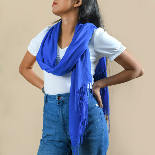 Soft Woollen Scarf With Fringes Blue