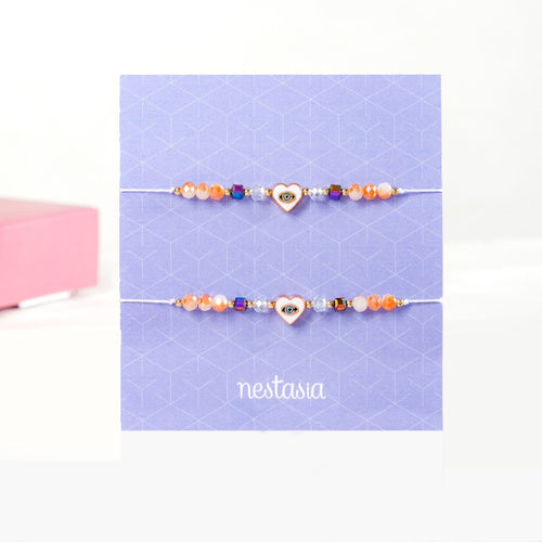 White Heart Hamsa Eye Amulet Charm Bracelet Set Of 2