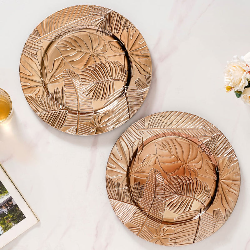 Leaf Embossed Charger Plate Set Of 6 12 Inch - Charger plates, decorative plates, plates set of 6, service plates, under plates, gold charger plates