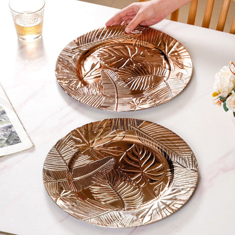 Leaf Embossed Charger Plate Set Of 6 12 Inch - Charger plates, decorative plates, plates set of 6, service plates, under plates, gold charger plates