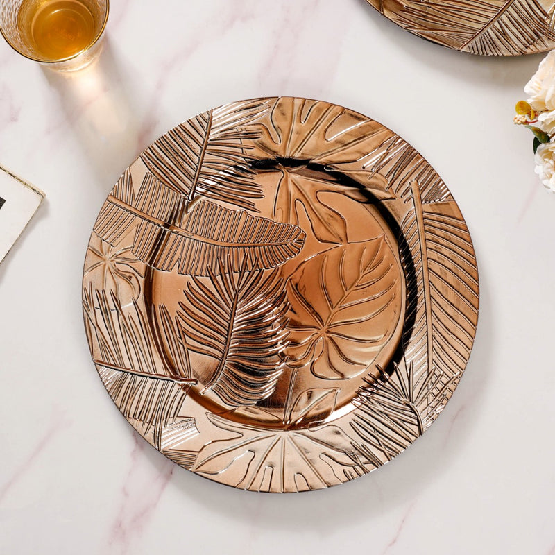 Leaf Embossed Charger Plate Set Of 6 12 Inch - Charger plates, decorative plates, plates set of 6, service plates, under plates, gold charger plates