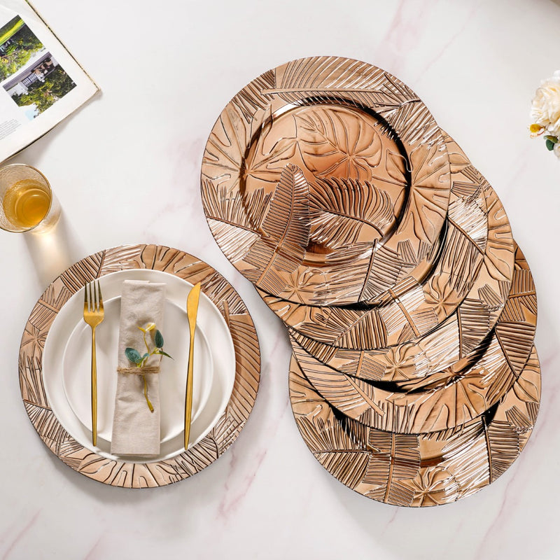 Leaf Embossed Charger Plate Set Of 6 12 Inch - Charger plates, decorative plates, plates set of 6, service plates, under plates, gold charger plates