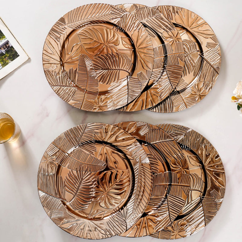 Leaf Embossed Charger Plate Set Of 6 12 Inch - Charger plates, decorative plates, plates set of 6, service plates, under plates, gold charger plates