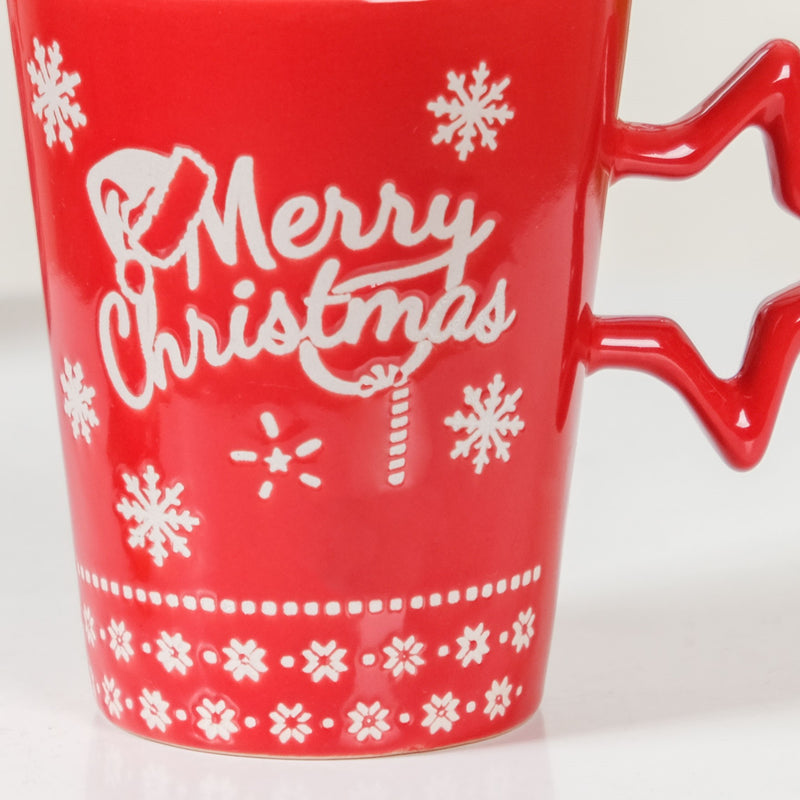 Merry Christmas Set of 4 Cups With Star Handle Red 300ml - Coffee mugs, ceramic mug set, coffee mug set, christmas mugs