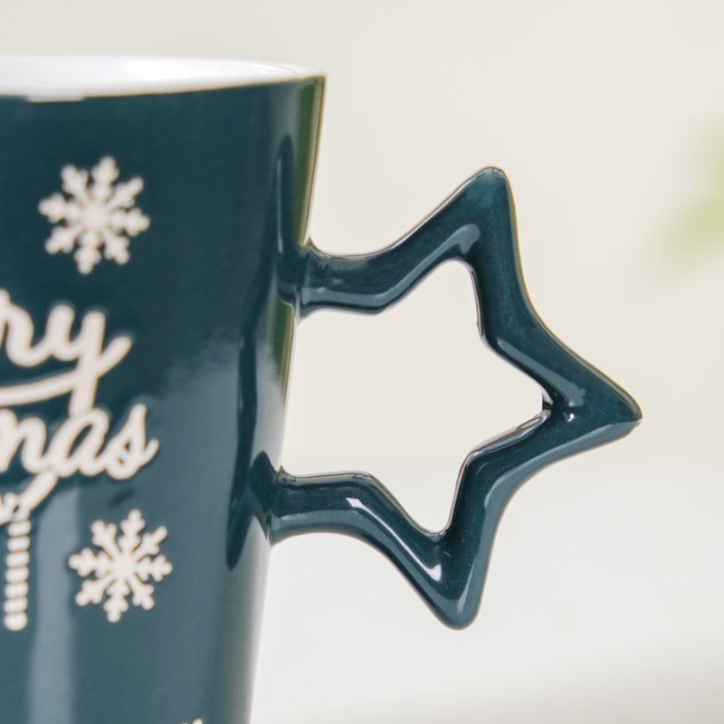Merry Christmas Set Of 4 Cups With Star Handle Green 300ml - Coffee mugs, ceramic mug set, coffee mug set, christmas mugs