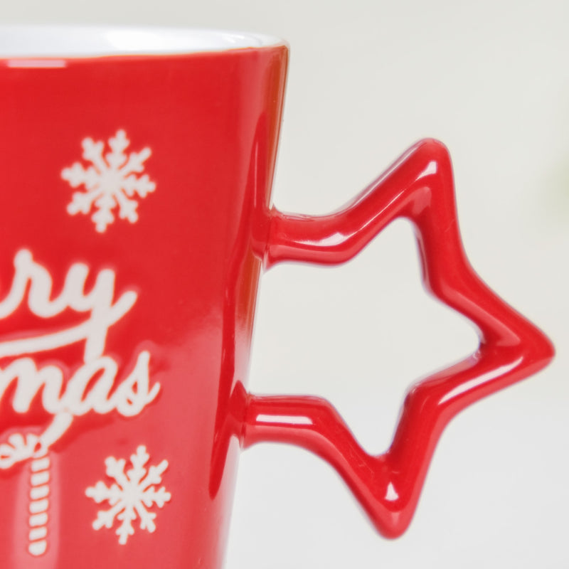 Merry Christmas Set of 4 Cups With Star Handle Red 300ml - Coffee mugs, ceramic mug set, coffee mug set, christmas mugs
