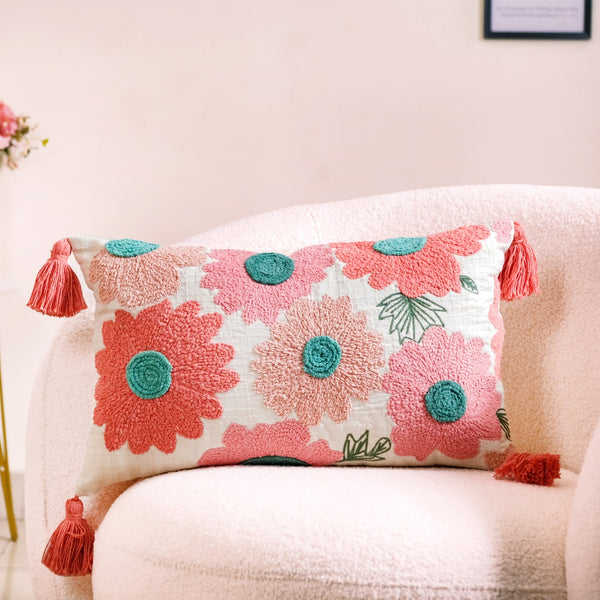 Rectangular Pink Throw Cushion Cover With Tassels 20x12 Inch