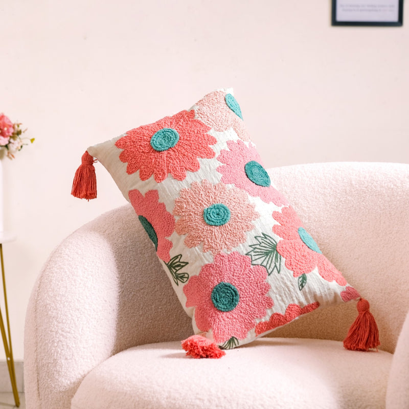 Rectangular Pink Throw Cushion Cover With Tassels 20x12 Inch