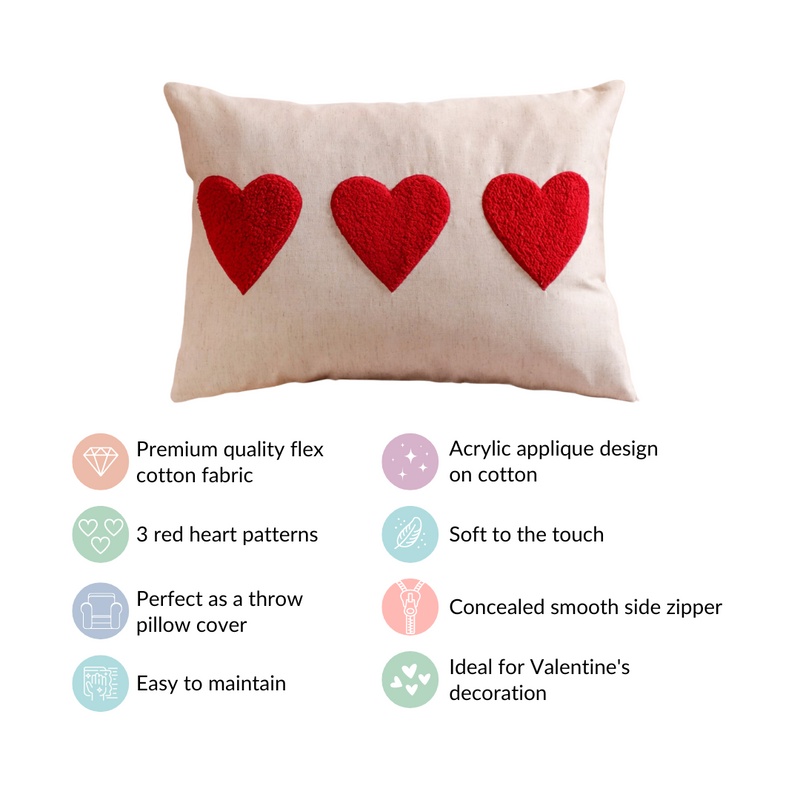 Heart Trio Fluffy Applique Cotton Cushion Cover 20x14 Inch
