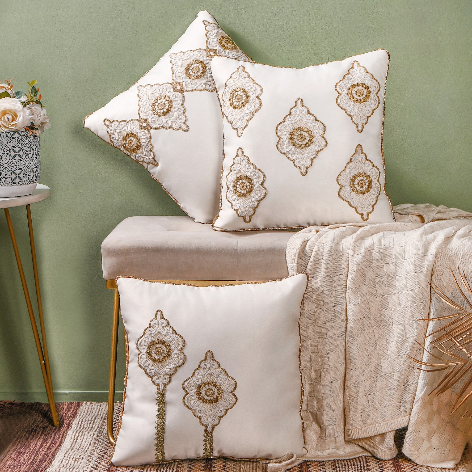 Beige - Thread & Zari Work Cotton Cushion Cover 36