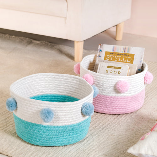 Cute Pink And Mint Pom Pom Baskets Set Of 2