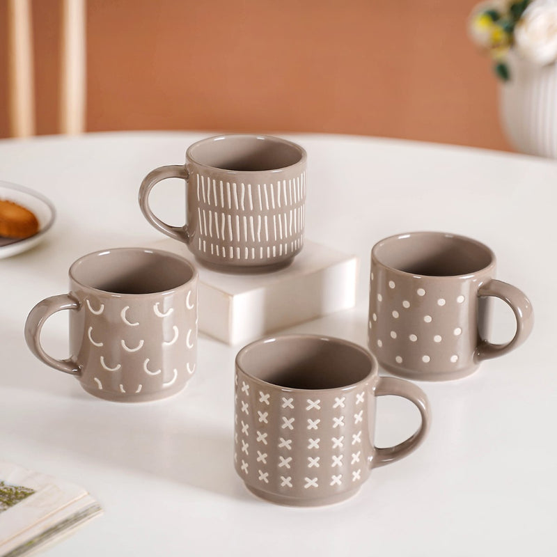 Quirky Beige Stackable Cups Set Of 4 220ml - Tea cups, tea cup set, coffee cups, coffee cup set, ceramic cups, ceramic tea cups