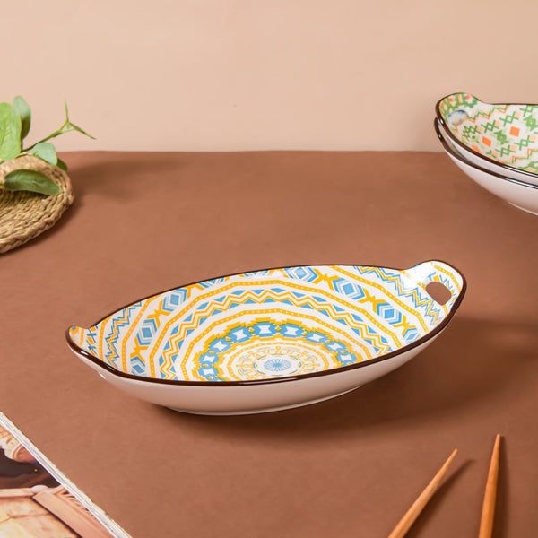 Mandala Spiral Ceramic Baking Plate With Handle - Ceramic platter, serving platter, fruit platter | Plates for dining table & home decor