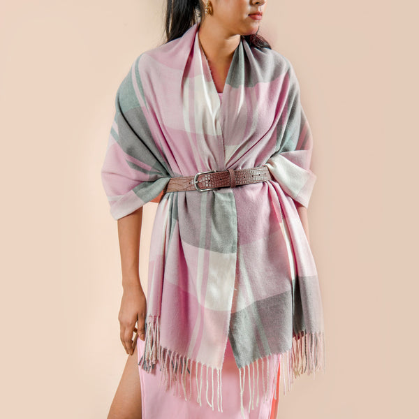 Plaid Pink And Grey Blanket Scarf