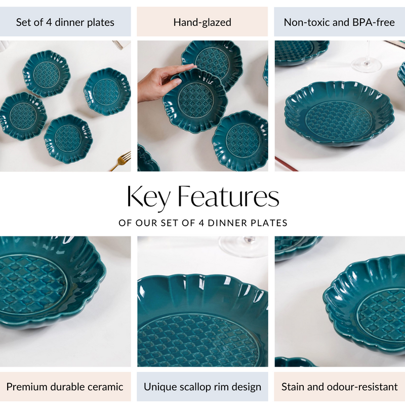 Luxe Moroccan Round Dinner Plate Dark Green Set Of 4 10 Inch - Dinner plates, ceramic dinner plates, floral dinner plates, blue plates, round plates