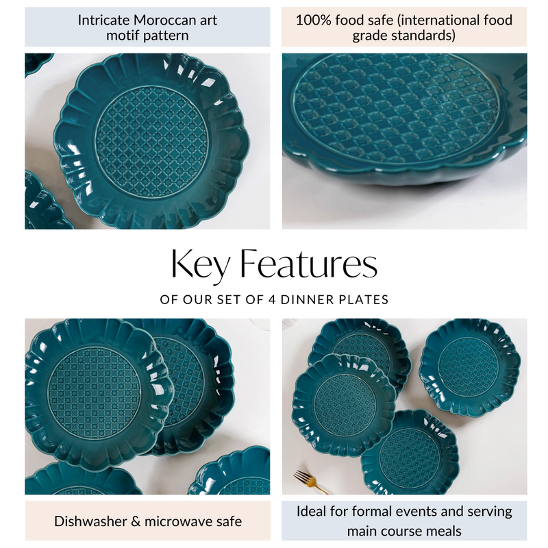 Luxe Moroccan Round Dinner Plate Dark Green Set Of 4 10 Inch - Dinner plates, ceramic dinner plates, floral dinner plates, blue plates, round plates