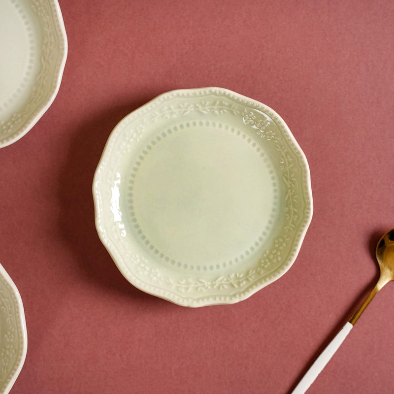 Era Embossed Small Dessert Plate Set Of 6 Light Green 4.5" - Dessert plates, small plates, ceramic dessert plates, dessert plate set, dip bowls