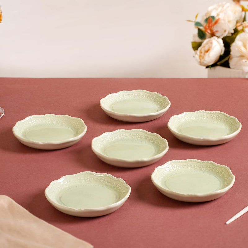Era Embossed Small Dessert Plate Set Of 6 Light Green 4.5" - Dessert plates, small plates, ceramic dessert plates, dessert plate set, dip bowls
