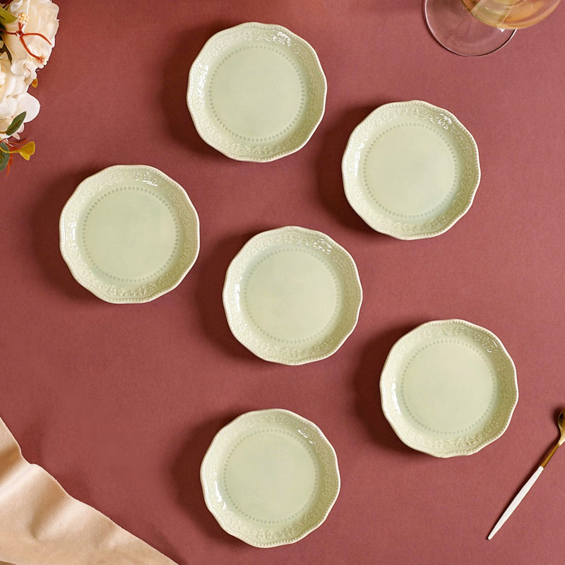 Era Embossed Small Dessert Plate Set Of 6 Light Green 4.5" - Dessert plates, small plates, ceramic dessert plates, dessert plate set, dip bowls
