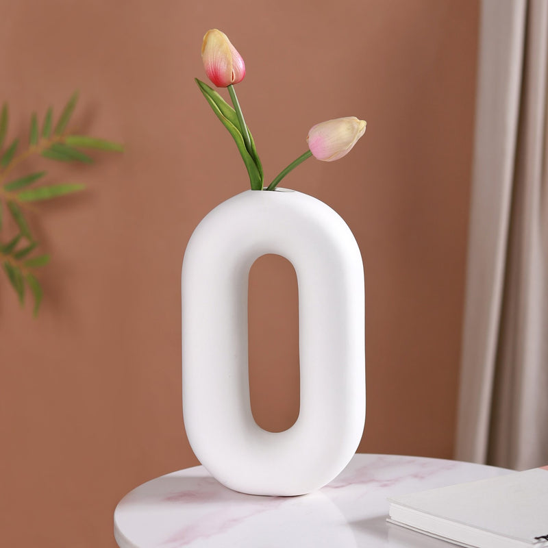 Donut Oval Ceramic Vase White- Donut Oval Vase, White Ceramic Vase, Decorative Oval Vase, White Donut Vase, Ceramic Flower Vase