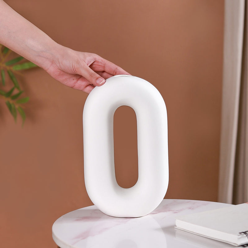 Donut Oval Ceramic Vase White- Donut Oval Vase, White Ceramic Vase, Decorative Oval Vase, White Donut Vase, Ceramic Flower Vase
