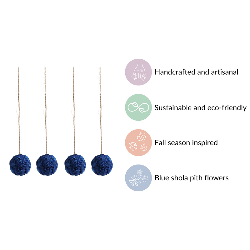 Blue Flower Ball Wall Hanging Set Of 4