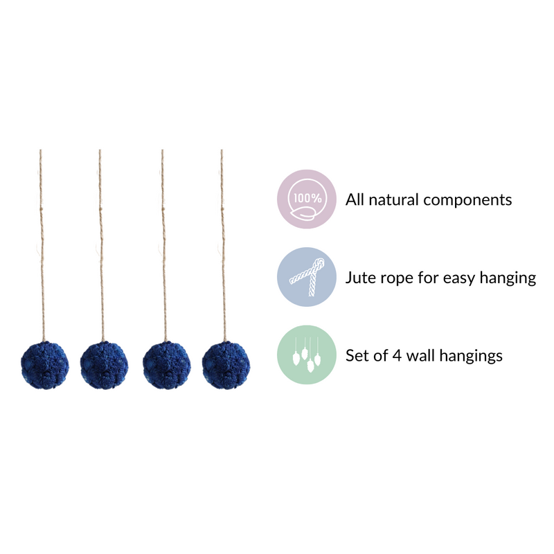 Blue Flower Ball Wall Hanging Set Of 4
