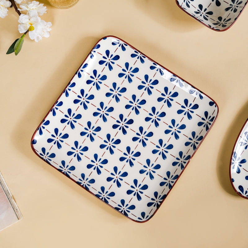 Set Of 4 Square Dinner Plates Blue Flower Design 9 Inch - Dinner plates, ceramic plates, ceramic dinner plates, square plates, dinner plate set