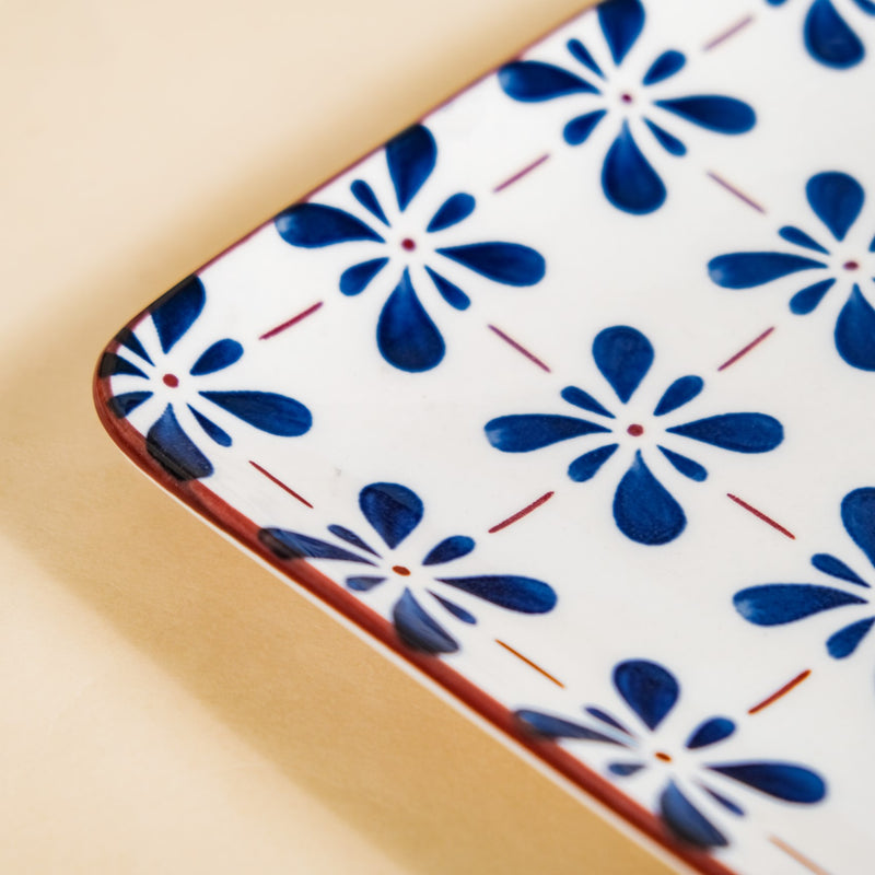 Set Of 4 Square Dinner Plates Blue Flower Design 9 Inch - Dinner plates, ceramic plates, ceramic dinner plates, square plates, dinner plate set