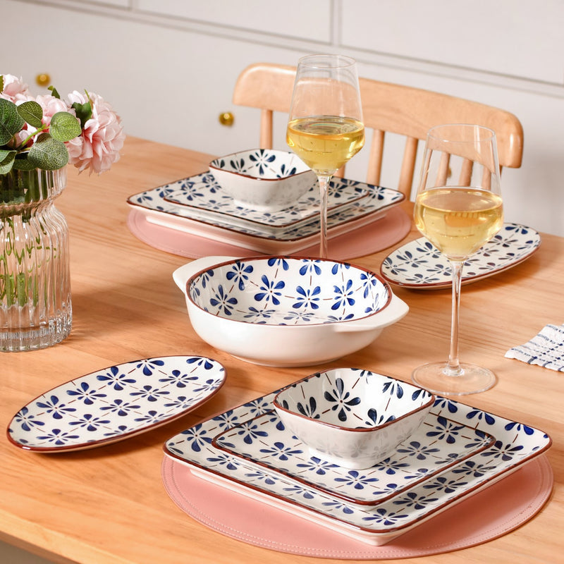Set Of 4 Square Dinner Plates Blue Flower Design 9 Inch - Dinner plates, ceramic plates, ceramic dinner plates, square plates, dinner plate set