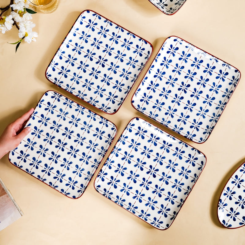 Set Of 4 Square Dinner Plates Blue Flower Design 9 Inch - Dinner plates, ceramic plates, ceramic dinner plates, square plates, dinner plate set