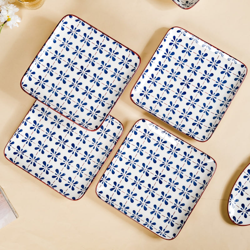Set Of 4 Square Dinner Plates Blue Flower Design 9 Inch - Dinner plates, ceramic plates, ceramic dinner plates, square plates, dinner plate set