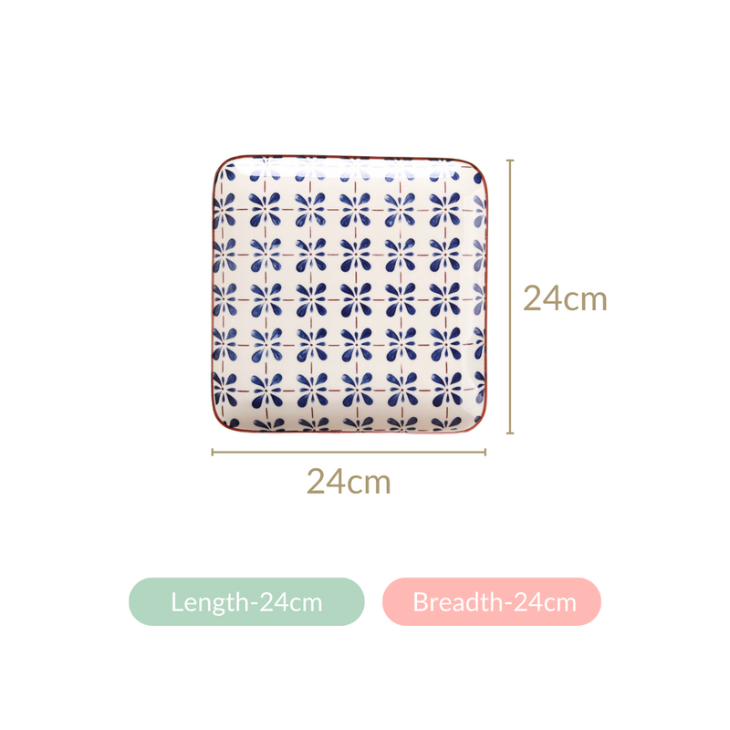 Set Of 4 Square Dinner Plates Blue Flower Design 9 Inch - Dinner plates, ceramic plates, ceramic dinner plates, square plates, dinner plate set