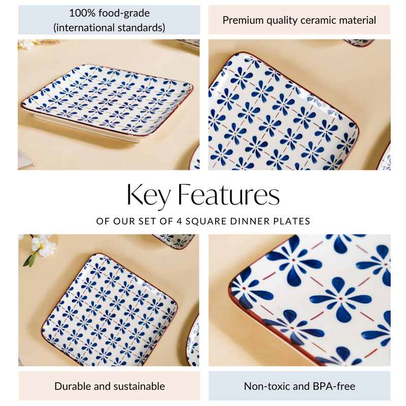 Set Of 4 Square Dinner Plates Blue Flower Design 9 Inch - Dinner plates, ceramic plates, ceramic dinner plates, square plates, dinner plate set
