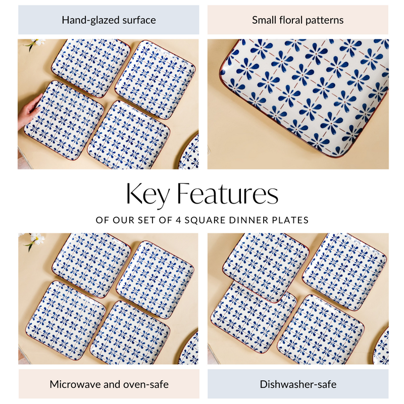 Set Of 4 Square Dinner Plates Blue Flower Design 9 Inch - Dinner plates, ceramic plates, ceramic dinner plates, square plates, dinner plate set