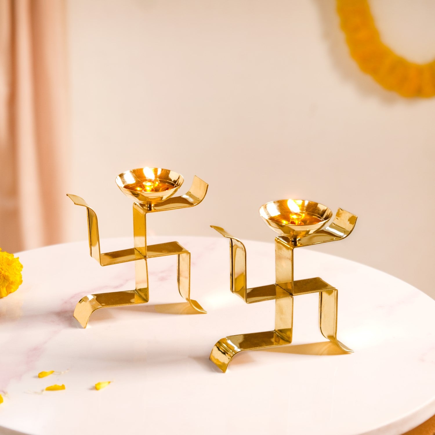 Swastik Oil Lamp Votive Set Of 2 Small Gold