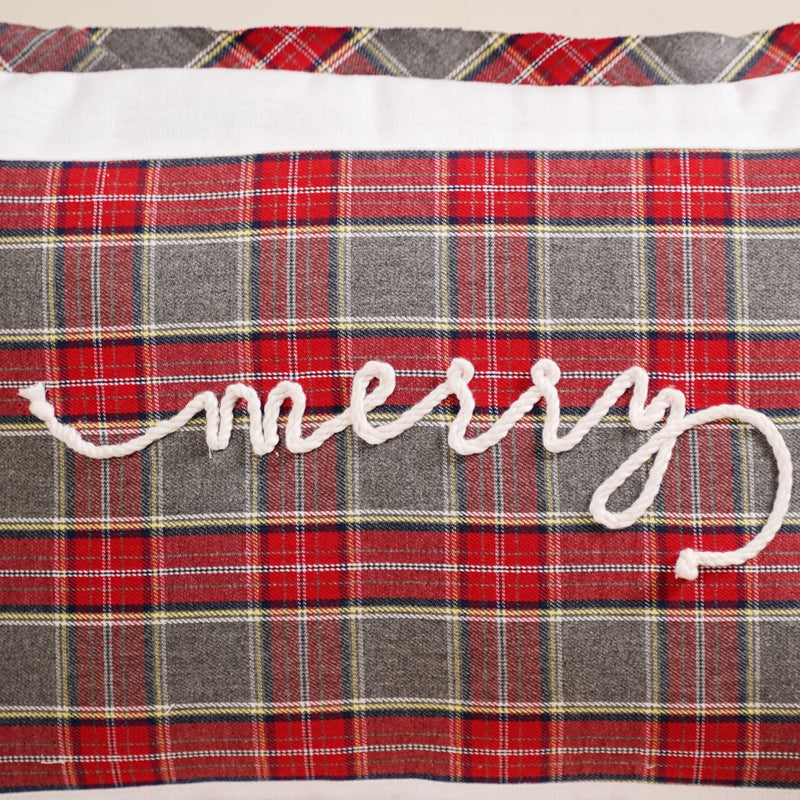 Plaid Merry Christmas Calligraphy Cushion Cover 20x14 Inch
