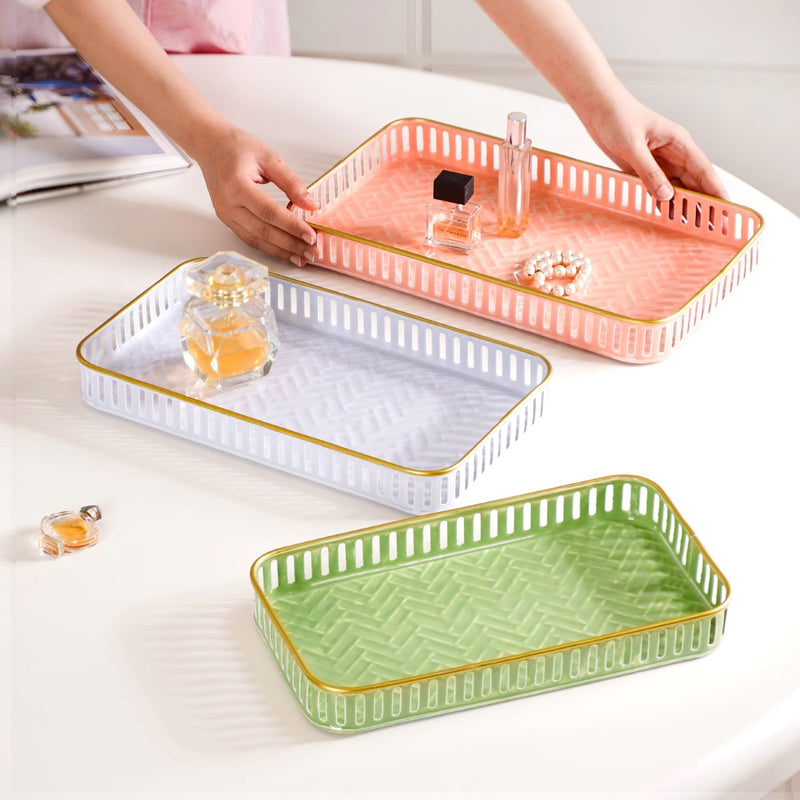 Herringbone Mosaic Pattern Rectangular Metal Tray Set Of 3