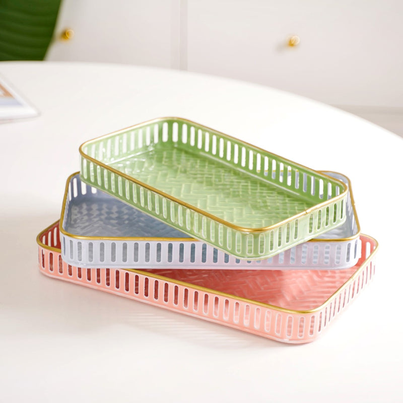 Herringbone Mosaic Pattern Rectangular Metal Tray Set Of 3