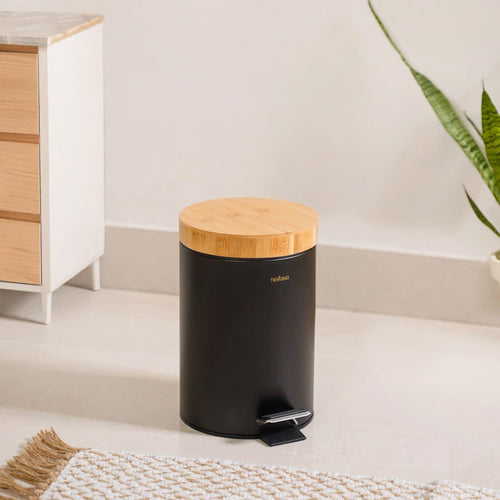 Modbin Bamboo Lid Metal Dustbin With Bucket Black 3000ml