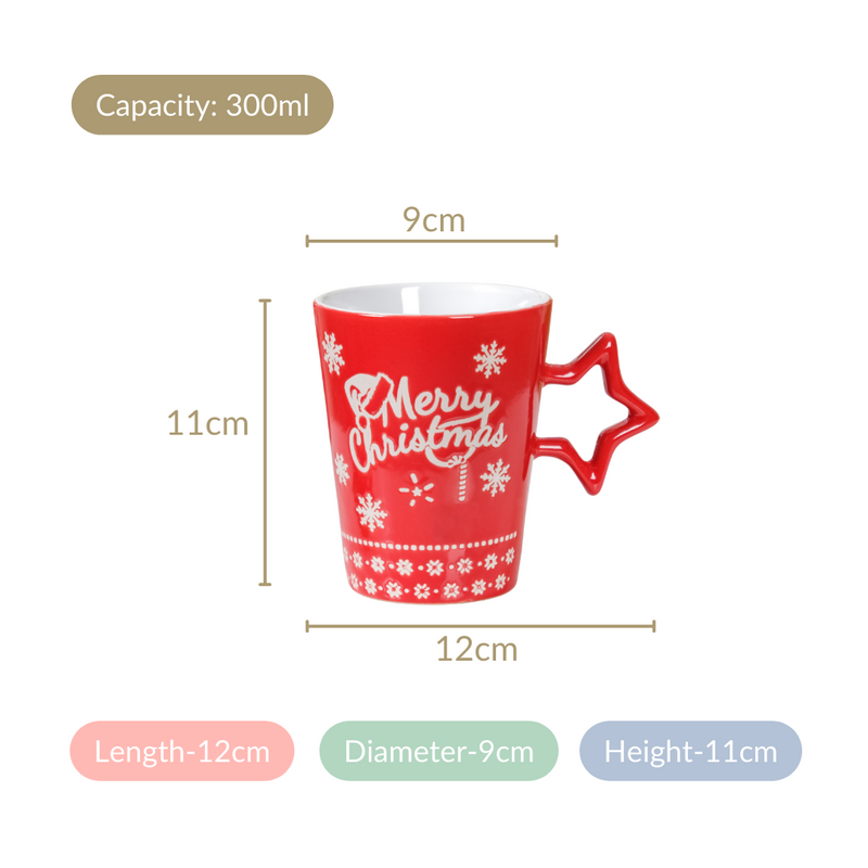 Merry Christmas Set of 4 Cups With Star Handle Red 300ml - Coffee mugs, ceramic mug set, coffee mug set, christmas mugs