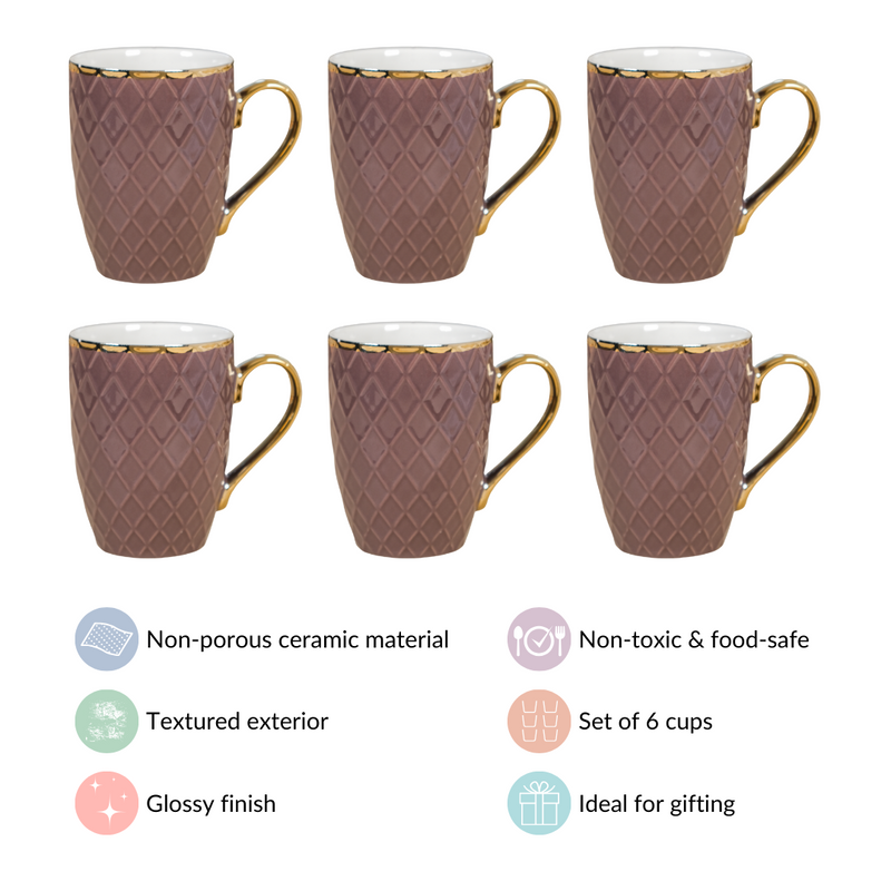 Rose Taupe Teacup Set of 6 330ml - Coffee mugs, coffee mug set, ceramic coffee mugs, tea cup set, tea cups, tea cup set of 6