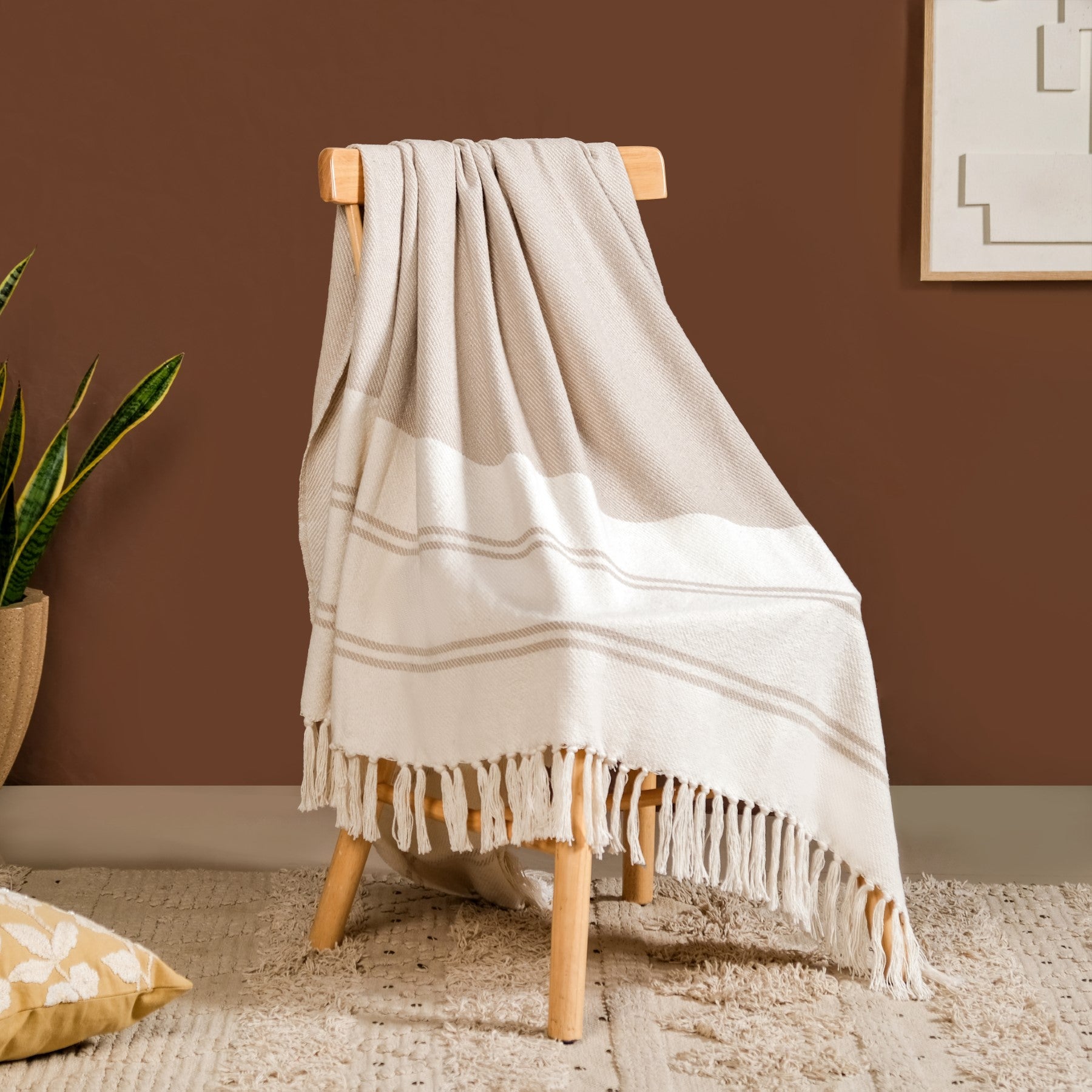 Neutral Greige Cotton Throw With Tassels