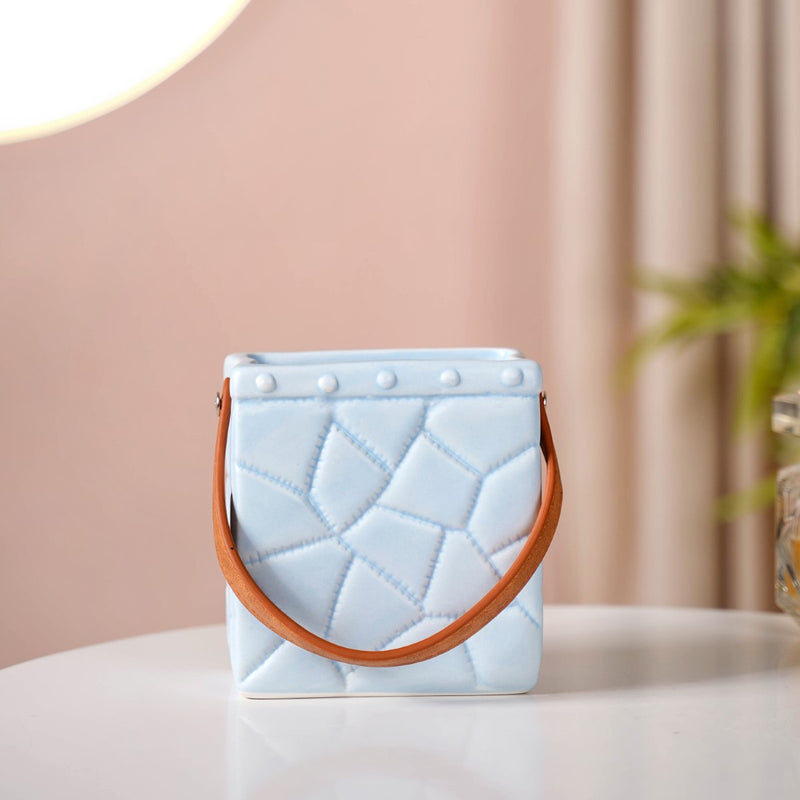 Ceramic Bag Shaped Mini Flower Vase For Home Blue- Ceramic Bag Organizer, Blue Organizer Stand, Bag Decor, Ceramic Storage Stand, Blue Organizer
